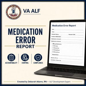 Peut inclure: Un formulaire numérique de rapport d'erreur de médication affiché sur un écran d'ordinateur portable. Le document comprend des champs pour la date, l'heure, le nom du résident, la date de naissance et les détails des médicaments, avec des cases à cocher.