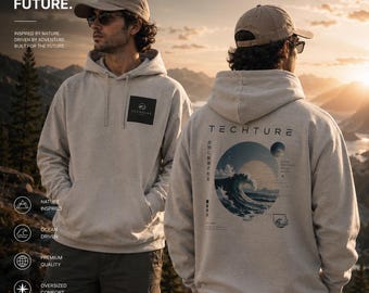 TechTure Wave grafische hoodie | Retro Indonesië Wave Art, minimaal logo