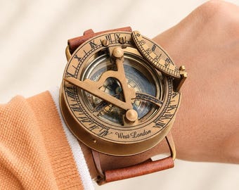 Vintage Sundial Kompass Uhr | Messing Maritimer Handgelenk Kompass | Steampunk Armillar-Kompass | Piratenforscher Geschenk | Maritimes Lederarmband