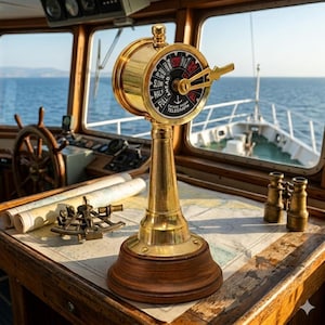 Può includere: Un telegrafo di sala macchine in ottone, con un quadrante nero e rosso che indica la velocità e la direzione. Il telegrafo è su un tavolo con carte nautiche, un sestante e un binocolo, con una nave e il mare sullo sfondo.