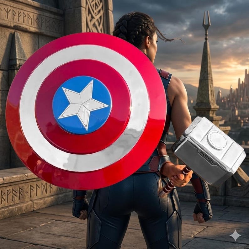 Puede incluir: Una persona sosteniendo un escudo rojo, blanco y azul con una estrella blanca en el centro. Un martillo plateado con la palabra "WORTHY" est&aacute; en la otra mano de la persona. El fondo presenta un horizonte urbano y arquitectura de piedra.