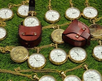 Vintage Pocket Watch with Leather Case, Gold Pocket Watch Necklace, Groomsmen Gift, Wedding Favor, Gift for Him