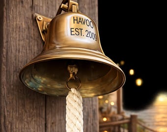 Custom Engraved Brass Bell, Nautical Wall Mounted Bell, Personalized Boat Bell, Coastal Home Decor, Dock Bell