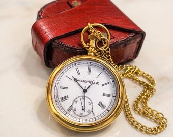 Vintage Gold Pocket Watch, Roman Numeral Necklace Watch, Antique Timepiece with Leather Pouch, Father's Day Gift