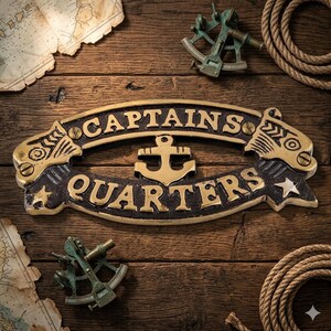 Pode incluir: Uma placa com tema náutico com as palavras "CAPTAIN'S QUARTERS" em letras douradas, com um emblema de âncora. A placa está sobre um fundo de madeira, com instrumentos náuticos e cordas.