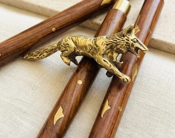 Fuchskopf Gehstock | Holzwanderstock | Messing Tiergriff Cane | Handgemachter Gentleman Gehstock | Vintage Wald Geschenk