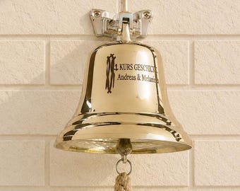 Personalized Brass Ship Bell, Custom Engraved Nautical Wall Bell, Polished Brass Maritime Decor, Wedding or Anniversary Gift, Home Decor