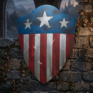 May include: A shield with a blue top section featuring three white stars, and a red and silver striped bottom. The shield is mounted on a weathered stone wall, with a castle and mountains in the background.