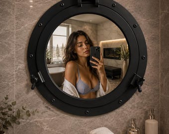 Round Black Porthole Mirror, Nautical Wall Mirror, Industrial Bathroom Mirror, Metal Framed Vanity Mirror, Coastal Decor, Modern Farmhouse