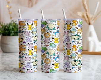 Pack 2 Kawaii Pocket Monster Tumbler Wrap PNG, Gobelet Skinny 20 oz, Sublimation de créature anime mignon, Doodle Cup Wrap