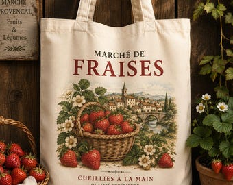 May include: Cream-colored tote bag with a vintage-style strawberry design. The bag features a basket of strawberries, a scenic village, and the text "MARCHÉ DE FRAISES". Additional text includes "CUEILLIES À LA MAIN" and "PROVENCE FRANCE".