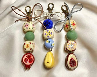 Handmade Fruit Keychain | Clay Charm with Hand-Painted Beads | Bag Accessory