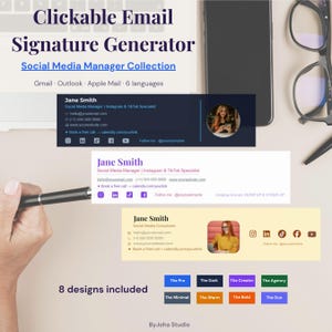 Klikbare HTML-e-mailhandtekeninggenerator en -sjabloon met foto | Social Media Manager | Gmail Outlook | 8 ontwerpen | Direct downloaden