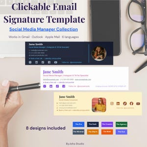 Clickable HTML Email Signature Generator & Template with Photo | Social Media Manager | Gmail Outlook | 8 Designs | Instant Download