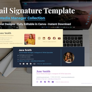 May include: Email signature templates with the text "Email Signature Template" and "Social Media Manager Collection". The templates are fully editable in Canva and available for instant download. The templates include contact information and social media icons.