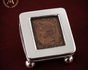 Antique Sterling Silver Stamp Box c.1900 | Levi & Salaman Birmingham Hallmarked | Victorian One Penny Stamp | Edwardian Desk Accessory