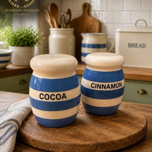 May include: Two ceramic canisters with a cream and blue horizontal striped pattern. The left canister is labeled COCOA in black text, and the right canister is labeled CINNAMON in black text. Both have rounded lids and sit on a round wooden board.