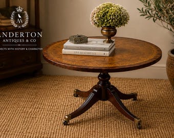 Antique Mahogany Occasional Table | Gilt Inlay Drum Style Side Table Brass Castors