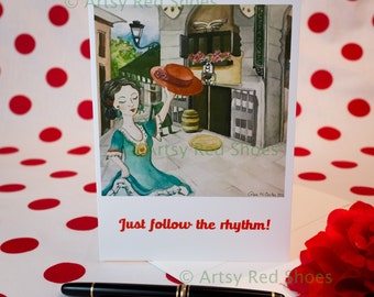 Impresión de tarjetas de felicitación de una ciudad española tradicional, con una bailarina de Flamenco en un día soleado.