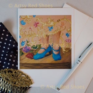 Beautiful and Colorful Greeting Card Art Print of Blue Flamenco Shoes, Ready to Dance on a Spanish Tablao.