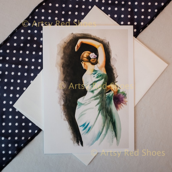 Flamenco painting greeting card, flamenco watercolor portrait, any occasion, note card