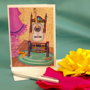 Cartão de nota para qualquer ocasião, violão colorido, arte flamenca, cartão de felicitações 5x7', amante da música,