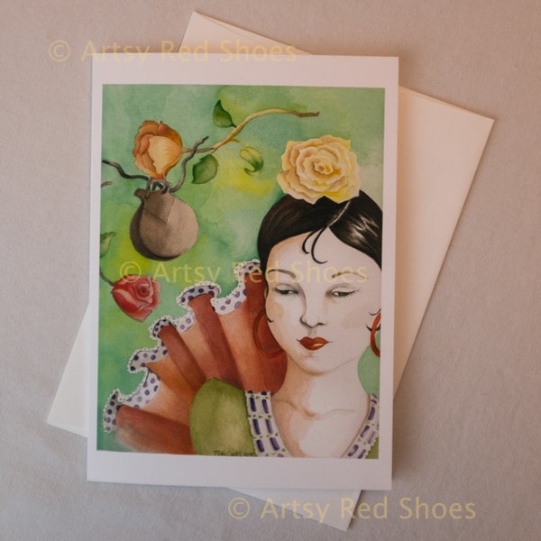 5x7' flamenco watercolor painting, any occasion greeting card, colorful flowers, flamenco art