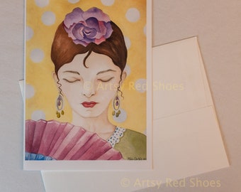 Colorful any occasion card, watercolor portrait painting, women dancer image