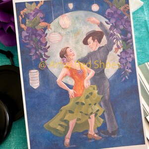 Tarjeta de felicitación de pareja de baile, tarjeta de nota de arte, tarjeta de retrato de 5x7", pintura acrílica