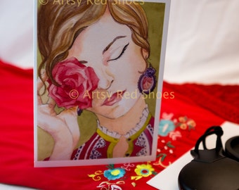 Watercolor portrait painting, 5x7' flamenco dancer, any occasion note card