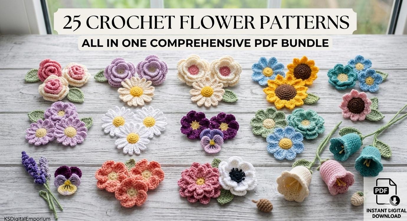 30 Plant Crochet Patterns to Brighten Home Decor and Gift Giving 4 Crochet Flower Pattern Bundle