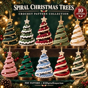 May include: A collection of ten crocheted spiral Christmas tree ornaments in various colors including green, red, pink, blue, and white. Each tree features a small star topper, a spiral design, and decorative beads. Text reads: SPIRAL CHRISTMAS TREES CROCHET PATTERN COLLECTION 10 STYLES PDF PATTERN KSDigitalEmporium.