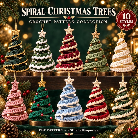 10-in-1 Christmas Spiral Tree Crochet Pattern Bundle PDF, Modern Xmas Tree Ornament Pattern, Festive Holiday Decor, Easy Amigurumi Tree