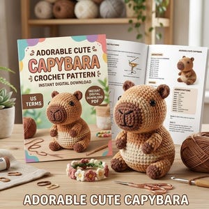 May include: A digital PDF crochet pattern titled Adorable Cute Capybara with US terms, featuring a brown and tan crocheted capybara toy, a ball of brown yarn, a wooden crochet hook, small scissors, stitch markers, and a floral ring on a table.