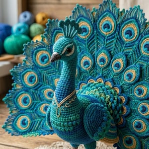May include: A crocheted peacock figurine featuring a vibrant plumage of teal, blue, and gold yarn. The bird has a detailed crest on its head, a dark beak, and an expansive, fanned-out tail displaying intricate circular eye patterns in shades of blue.