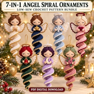 May include: Seven crochet angel ornaments with spiral bodies and gold halos. Each angel features unique hair colours and holds a different item: a star, snowflake, heart, bell, moon, or rose. The text reads 7-IN-1 ANGEL SPIRAL ORNAMENTS.