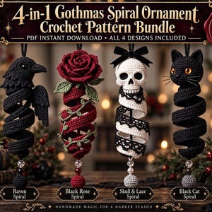 4-in-1 Gothmas Spiral Ornament Crochet Pattern Bundle | Gothic Christmas Amigurumi Decor | Black Cat, Skull, Raven, Rose Holiday PDF Pattern