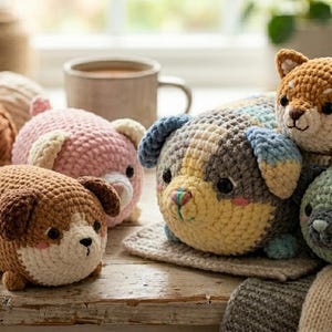 Peut inclure: Une collection de cinq petites peluches animales crochetées et rondes de différentes couleurs, dont marron, rose, bleu et vert, présentées avec une pelote de fil chenille doux et un crochet en bois sur une surface en bois.