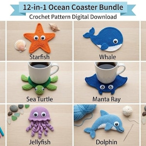 Coaster Pattern Bundle, 12-in-1 Ocean Animal Designs | No-Sew Beginner Crochet PDF