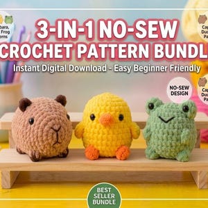 3-in-1 No-Sew Crochet Pattern Bundle | Mini Amigurumi Plushies for Market Prep | Duck, Frog, Capybara | Beginner Crochet Digital Download