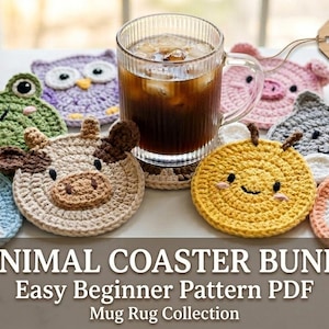 Virkmönster för djurunderlägg | Nybörjare Amigurumi-muggmatta | Groda, Uggla, Katt, Ko, Bi, Mönster | Digital nedladdning