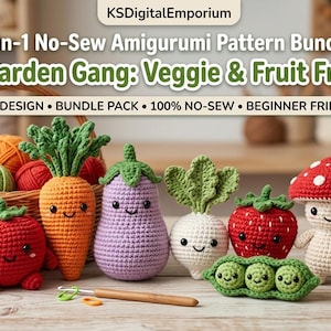 Op de afbeelding: Een 7-in-1 amigurumi-patronenbundel zonder naaiwerk genaamd The Garden Gang: Veggie & Fruit Friends. De afbeelding toont gehaakte figuren waaronder een tomaat, wortel, aubergine, radijs, aardbei, paddenstoel en erwtjes in een peul.