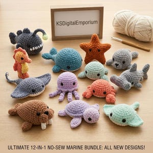 12-in-1 No-Sew Marine Animal Crochet Pattern, Amigurumi Bundle PDF, Easy Ocean Sea Creatures Pattern Digital Download, Low Sew Plushies