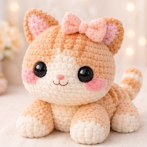 May include: A crocheted stuffed cat toy featuring light orange and cream yarn, large black plastic eyes, pink stitched cheeks, and a small pink bow on its head. The cat has pointed ears with pink inner details and a striped tail.