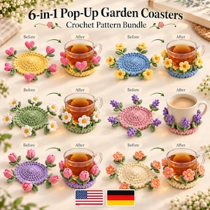 Haakpatroon voor een pop-up bloemenonderzetter, PDF-bundel met 6 tuinonderzetters, onderzetter voor een mok met tulp, madeliefje en lavendelhart, haakcadeau-idee voor beginners