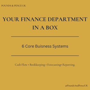 May include: A mustard yellow graphic with dark blue text reading POUNDS & PENCE UK, YOUR FINANCE DEPARTMENT IN A BOX, 6 Core Buisness Systems, and Cash Flow, Bookkeeping, Forecasting, Reporting, with the handle @PoundsAndPenceUK at the bottom.