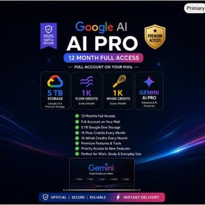 Może przedstawiać: Cyfrowa reklama Google AI Pro oferująca 12 miesięcy pełnego dostępu, 5 TB pamięci, 1K kredytów flow, 1K kredytów whisk oraz funkcje Gemini AI Pro. Grafika zawiera ikonę laptopa, znaczniki wyboru oraz tekst opisujący korzyści płynące z konta.