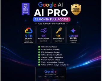 Google Gemini AI Pro 1 Jahr Zugriff | 5 TB Speicher, 1K Flow Credits (Instant Lieferung)