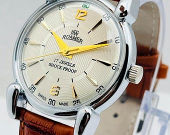 Vintage Refurbished Roamer Hand Winding Watch | White Gold Dial 17 Jewels ST-96 Movement Wristwatch.