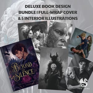 Puede incluir: Un paquete de diseño de libros que incluye una portada y ilustraciones interiores. La portada del libro muestra el título "Beyond the Silence" con una persona de pelo oscuro y rosas moradas. Las ilustraciones son en escala de grises, mostrando diferentes escenas con personas.